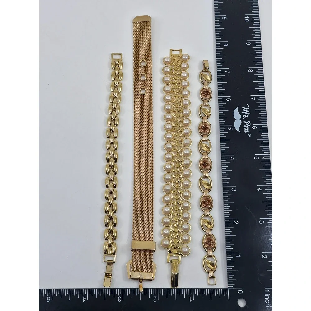 Lot of 7 Gold Tone Bracelets Mesh‎ Buckle Faux Pearl Rose Floral Enamel Bangle